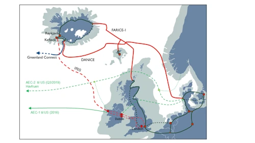 Möguleg leið nýs fjarskipta-sæstrengs (IRIS) milli Íslands og Írlands.